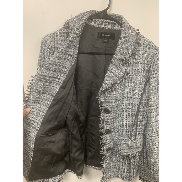 St John Boucle Tweed Blazer Grey/Blue Multicolor Fringe with Satin Trim‎ Size 4 - Picture 11 of 13